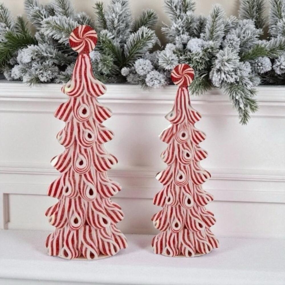 Peppermint Christmas Tree LED Light Up Sz 9.25 & 6.5 in Tabletop Ribbon Candy - Picture 7 of 9